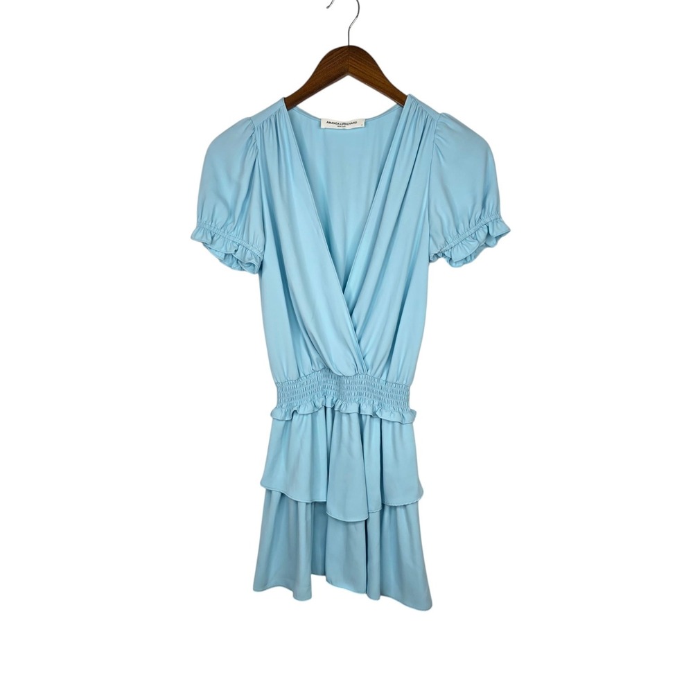 Amanda Uprichard Velma Mini Wedding Dress‎ XS Ice Blue Smocked Tiered Ruffle